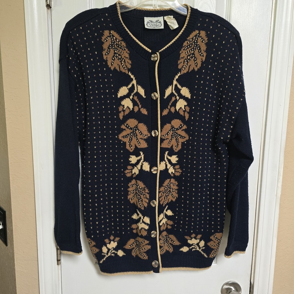 Vintage Villager Cardigan Sweater Women's L Navy‎ Brown Leaf Autumn Fall Knit